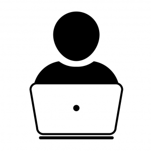 Black and white cartoon image of a person behind a laptop.